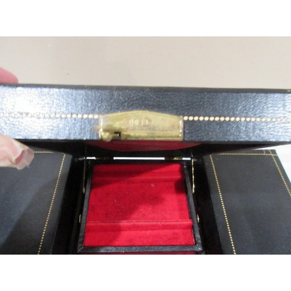 Vtg, Black Faux Leather Mell MCM Jewelry Box Red Velvet 25+Piece Tiered with KEY